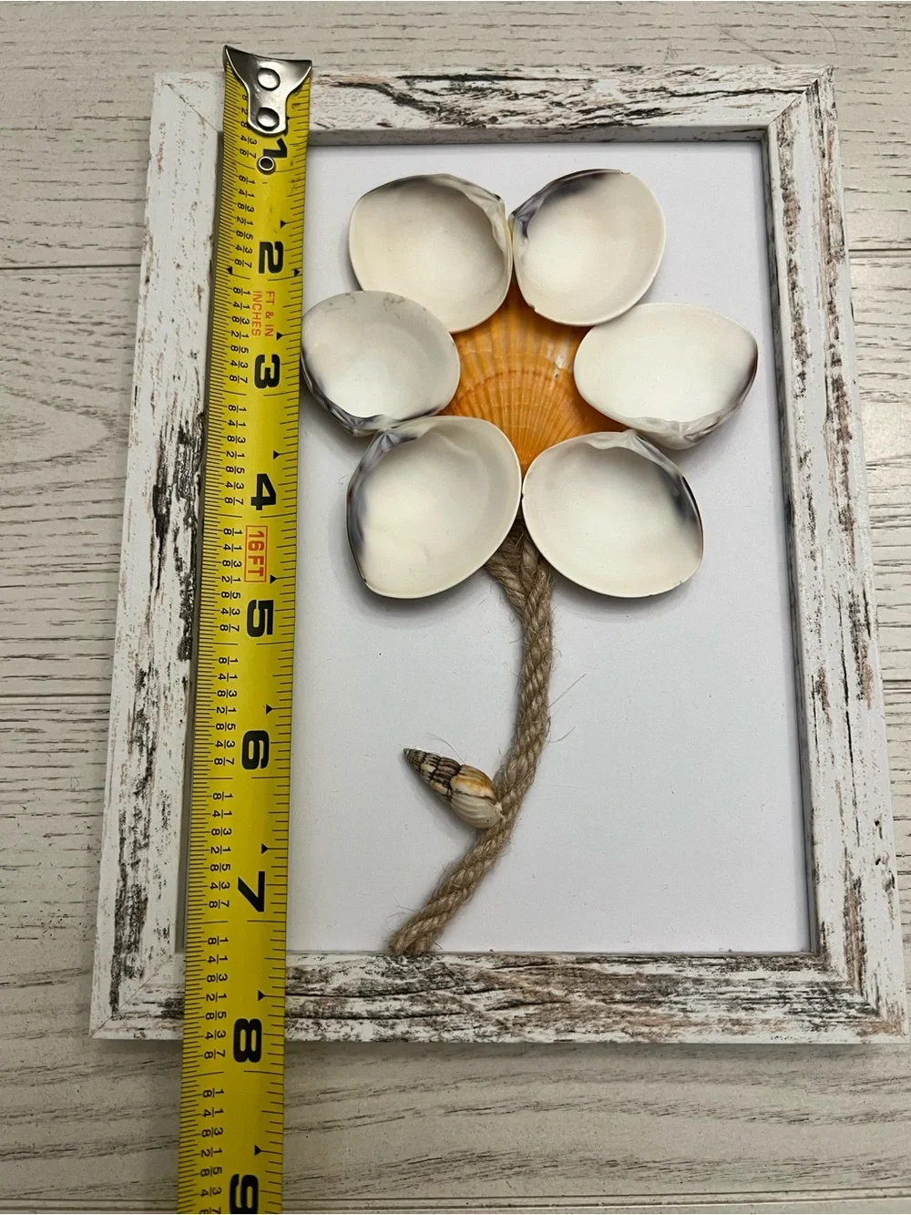 Handmade Seashell Flower Art in White Distressed Frame